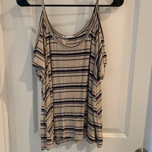 Tan and navy off the open off the shoulder top
